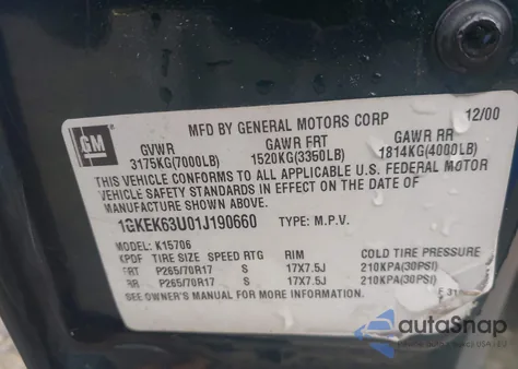 2001 GMC Yukon Denali z USA, uszkodzony, nr VIN 1GKEK63U01J190660